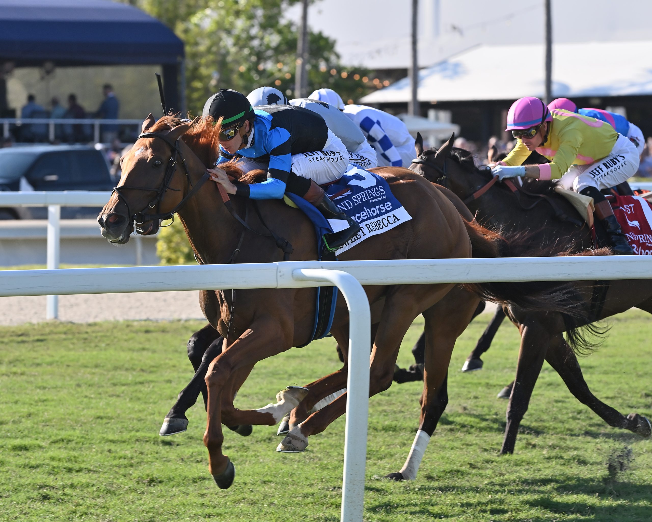 SWEET REBECCA aprovecha la baranda para ganar el Sand Springs